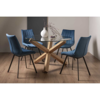 Turin Clear Glass 4 Seater Small Round Dining Set 4 Fontana Blue Velvet Fabric Chairs