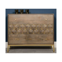 Modern Chest of 3 Drawers Grey Washed 3D Cube Mango Wood Gold Brass Metal Feet Design