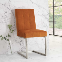 Pair of Modern Brushed Nickel Cantilever Dining Chairs Orange Velvet Upholstery
