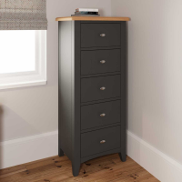 Grey Painted Wooden Narrow Chest of 5 Drawers Tallboy Oak Top 2 Tone