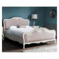 Traditional Mahogany Vanilla White Finish Natural Linen Upholstered 5ft King Size Bed