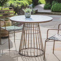 Round Outdoor Garden Bistro Dining Table White Ceramic Top Bronze Metal Cage Base