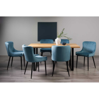 Ramsay Rustic Oak Effect Melamine 6 Seater Dining Set 6 Cezanne Blue Velvet Fabric Chairs