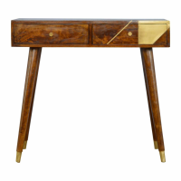 Nordic Style Solid Mango Wood Chestnut 2 Drawer Writing Desk with Gold Detailing 78x85cm