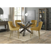 Turin Clear Glass 4 Seater Round Dining Set 4 Cezanne Yellow Velvet Fabric Chairs