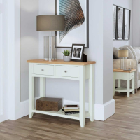 White Painted Modern Hallway Console Table Oak Top 2 Drawers with Shelf