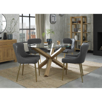 Turin Clear Glass Round 4 Seater Small Dining Set 4 Dark Grey Faux Leather Chairs