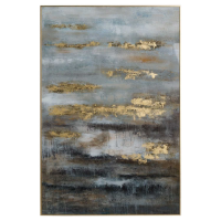 Abstract Blue Grey And Gold Large Rectangular Glass Image With Gold Frame 120x80cm