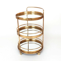Gin Shu Gold Gilt Leaf Metal Round Side Table Serving Trolley Glass Tops 3 Open Shelves