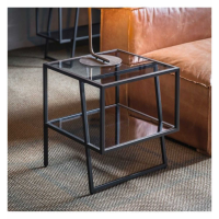 Modern Glass Top Side End Table Black Metal Framed with Shelf 50x45cm