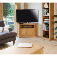 Solid Light Oak Large Corner Television Cabinet TV Media Unit Open Shelf 2 Door Cupboard Base