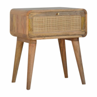 Round Edge Mango Wood Oak Finish 1 Woven Drawer Bedside Table Cabinet Nightstand