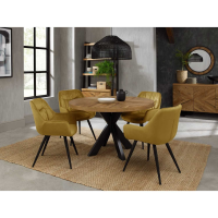 Rustic Oak 125cm Round Dining Table Set 4 Mustard Yellow Velvet Fabric Chairs