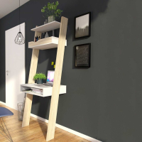 Modern White and Oak Leaning Wall Ladder 3 Open Shelf Office Study Desk 180.4 x 65.1cm