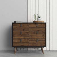 Modern Matt Black Walnut 6 Drawer Double Chest With Unique Black Handles 94.8 x 101.8cm