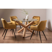 Modern Round Dining Table Set Clear Glass Top Cross Oak Legs 4 Yellow Velvet Chairs 120cm Diameter