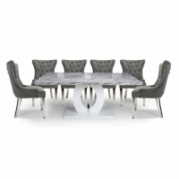 Neptune Marble Top Large Table and 6 Lionhead Grey Chairs with Silver Legs Dining Set