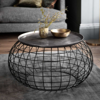 Antique Silver Distressed Metal Wire Framed Cage Style Round Coffee Table