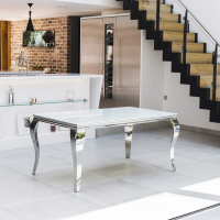 White Glass Top 160cm Dining Table Chrome Curved Steel Legs and Frame