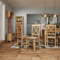 Modern Rustic Oak Wood Cross Back Dining Chair With Soft Fabric Seat 95.5x42cm