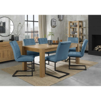 Turin Light Oak 8 to 10 Seater Extending Dining Set 6 Petrol Blue Fabric Cantilever Chairs