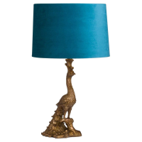 Antique Gold Resin Peacock Lamp Stand With Teal Velvet Drum Shade