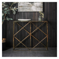 Glass and Antique Gold Metal Console Hall Table Geometric Base 90cm