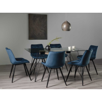 Modern Miro Clear Glass 160cm 6 Seater Dining Table Set Blue Velvet Fabric Chairs