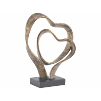 Resin Antique Bronze Gold Double Hearts Intertwined Sculpture on Black Base