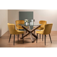 Turin Clear Tempered Glass 4 Seater Dining Table with Dark Oak Legs And 4 Cezanne Mustard Velvet Fabric Chairs with Sand Black Powder Coated Legs