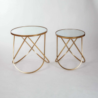 Gin Shu Metal Gold Gilt Leaf Round Nest Of 2 Display Side Tables Mirrored Tops