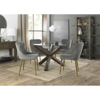 Turin Clear Glass 4 Seater Kitchen Dining Set 4 Cezanne Light Grey Velvet Fabric Chairs