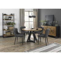 Round Rustic Oak 4 Seater Dining Table Set 4 Grey Leather Dining Chairs