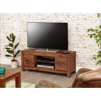 Solid Walnut Low Widescreen Television Cabinet TV Media Unit With 2 Drawers Dark Wood Finish