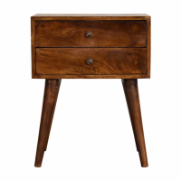 Nordic Style Mango Wood Chestnut 2 Drawer Bedside Cabinet With Brass Knobs 57 x 45cm