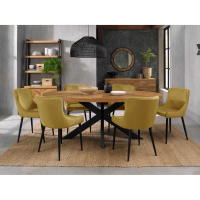 Ellipse Rustic Oak 6 Seater Dining Table And 6 Cezanne Mustard Velvet Fabric Chairs with Sand Black Powder Coated Legs