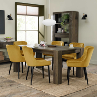 Dark Oak 6 to 8 Seater Extending Dining Table Set 6 Mustard Velvet Fabric Chairs