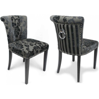 Pair of Grey Floral Stripe Velvet Fabric Dining Chairs Chrome Ring Back