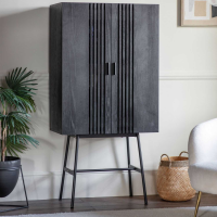 Matt Black Oak Drinks Storage Cabinet 2 Slatted Doors On Black Metal Legs