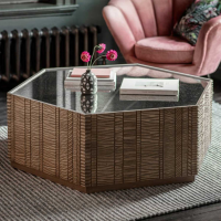 Geometric Hexagonal Embossed Wood Coffee Table Antique Effect Glass Top