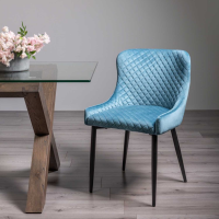 Modern Light Petrol Blue Velvet Fabric Upholstered Dining Chair Diamond Pattern