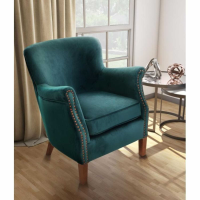 Teal Blue Velvet Fabric Upholstered Club Armchair Dark Wood Legs