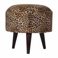 Round Solid Wood Footstool Upholstered With Leopard Print Velvet