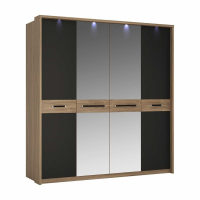 Tall Wide Modern 4 Door Wardrobe With Mirror Doors Oak With Matt Black Fronts