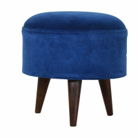 Nordic Style Round Royal Blue Velvet Footstool on Solid Walnut Mango Wood 45cm Diameter