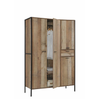 Distressed Rustic Oak Finish 4 Door Triple Wardrobe 1 Drawer 124cm Wide