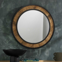 Rustic Oak Round Wall Mirror 80cm Diameter Modern Herringbone Pattern