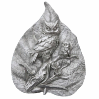 Silver Mother And Baby Owl Carved Into Leaf Decorative Wall Or Desk Plaque