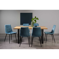 Ramsay Rustic Oak Effect Melamine 6 Seater Dining Set 6 Mondrian Blue Velvet Chairs