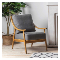 Retro Dark Grey Linen Fabric Armchair Curved Arms Solid Wood Frame